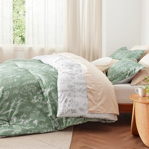 Image of Bedsure King Comforter Set - Green Bed Set, 3 Pieces Cute Floral Bedding, 1 Soft Reversible Botanical Flowers Comforter and 2 Pillow Shams