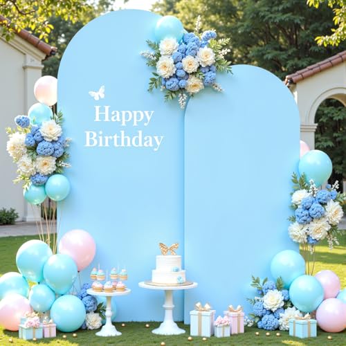 Image of Baby Blue Arch Covers 2 Set 7.2 and 6ft Light Blue Arch Backdrop Cover Spandex Wedding Arch Stand Covers for Birthday Party Baby Shower Boy Wedding Banquet Photo Metal Balloon Arches Backdrop