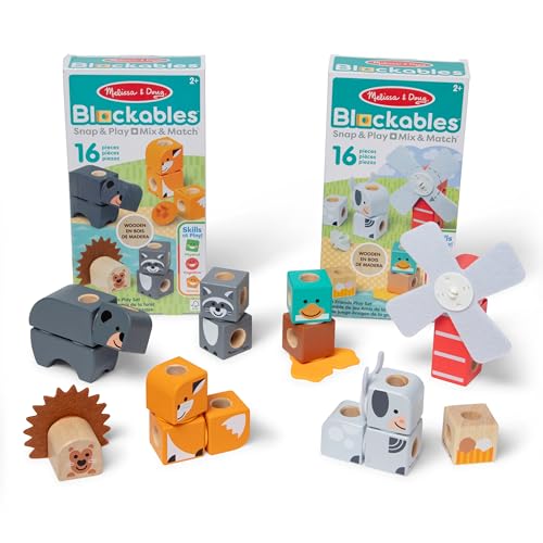 Melissa & Doug Blockables™ Farm and Woodland 2-Pack Bundle Connectable Wooden Building Blocks Preschool Play Set Toy