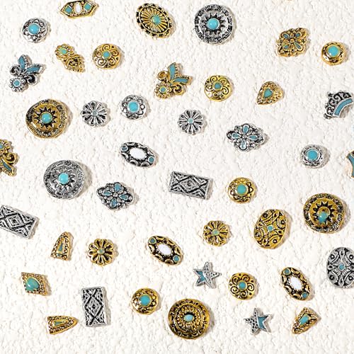 50Pcs Western Turquoise Nail Charms 3D Retro Alloy Metal Bohemia Nail Art Gems Vintage Cowboy Cowgirl DIY Manicure Accessories for Gel Acrylic Nails Phone Case & Craft Decor