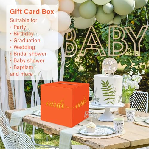 Image of 1 Pack Orange and Gold Foil Card Box for Party, 8.7 inch Orange Gift Card Box for Birthday, Wedding, Baby Shower, Retirement, Anniversary, Graduation, Raffle Ticket, Halloween, Thanksgiving