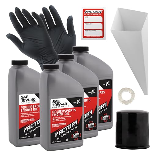 Factory Racing Parts Oil Change Kit compatible with Kawasaki 400 Bayou/Prairie ATVs, 800 900 1000 1500 Vulcan, 1000 600 636 Ninja Motorcycles – Includes 4 Quarts of 10W-40 Full Synthetic Oil