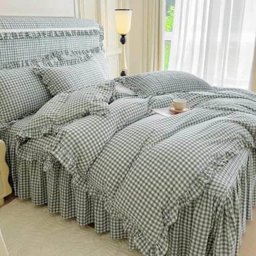 Image of LifeTB Queen Comforter Set Green Gingham Comforter Vintage Ruffle Checkered Pattern Comforter Set Chic Grid Plaid Bedding Comforter Lightweight Fluffy Soft Gingham Bedding Set Queen Breathable