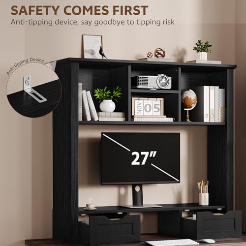 Image of Desk Shelf with Computer Monitor Stand, 37.4''W Desktop Bookshelf Display Rack, Desktop Organizer Storage Rack with Cubbies & Drawers, 5-Tier Hutch for Home, Office, Dorm, Vanity, Black