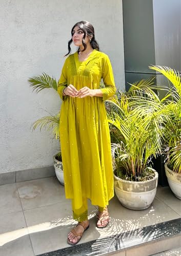 Image of MOKOSH Women's Cotton Kurta with Pant | Kurta Set | V Neck 3 /4 Sleeve Ethnic Suit | 2 Piece Outfit | Indian Kurta Outfit With Pant