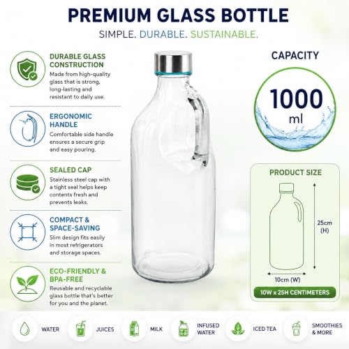 Image of Clear Airtight Glass Milk, Juice & Water Bottle with Leak Proof Lid for Refrigerator, Set of 2, 1000ml (Transparent)