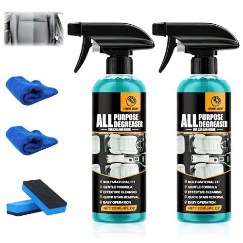 2PCS All Purpose Degreaser for Car and House, Lemon Scent Powerful Stain Remover, Car Cleaning Solution for Dashboard Seats Carpet and Interior Surfaces（Total:240ML/8FL.OZ）