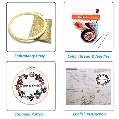 Image of Louise Maelys Cross Stitch Kit Full Range DIY Floral Wreath with Funny Sayimg Embroidery Kit for Beginner | Stamped Wreath Pattern With Hoop, Threads, Needles And Instructions, DIY Craft Project And Handmade Decor