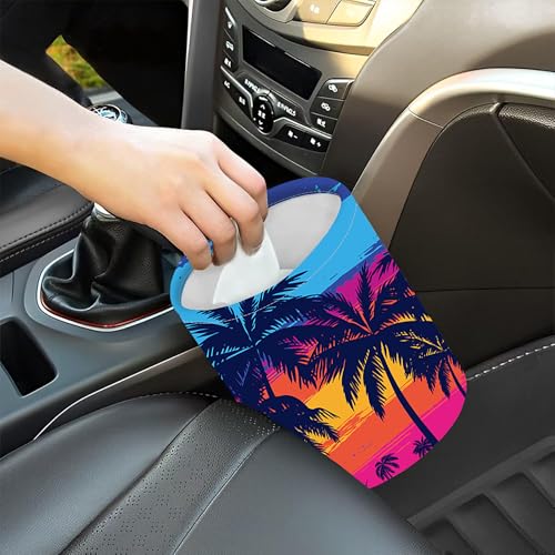 Image of Car Garbage Bag Blue Palm Trees at Sunset Mini Car Trash Bin Portable Collapsible Waterproof Rubbish Bag for Car Accessories Back Front Seat Cup Holder