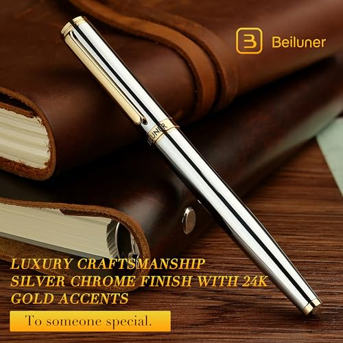 Image of BEILUNER Silver Chrome Fountain Pen,Stunning Luxury with 24K Gold Accents, Gorgeous 24K Gilded Nib(Fine), Trustworthy Pen Gift for Men&Women -Ink Converter-Elegant, Graduation,Nice Pen for Writing