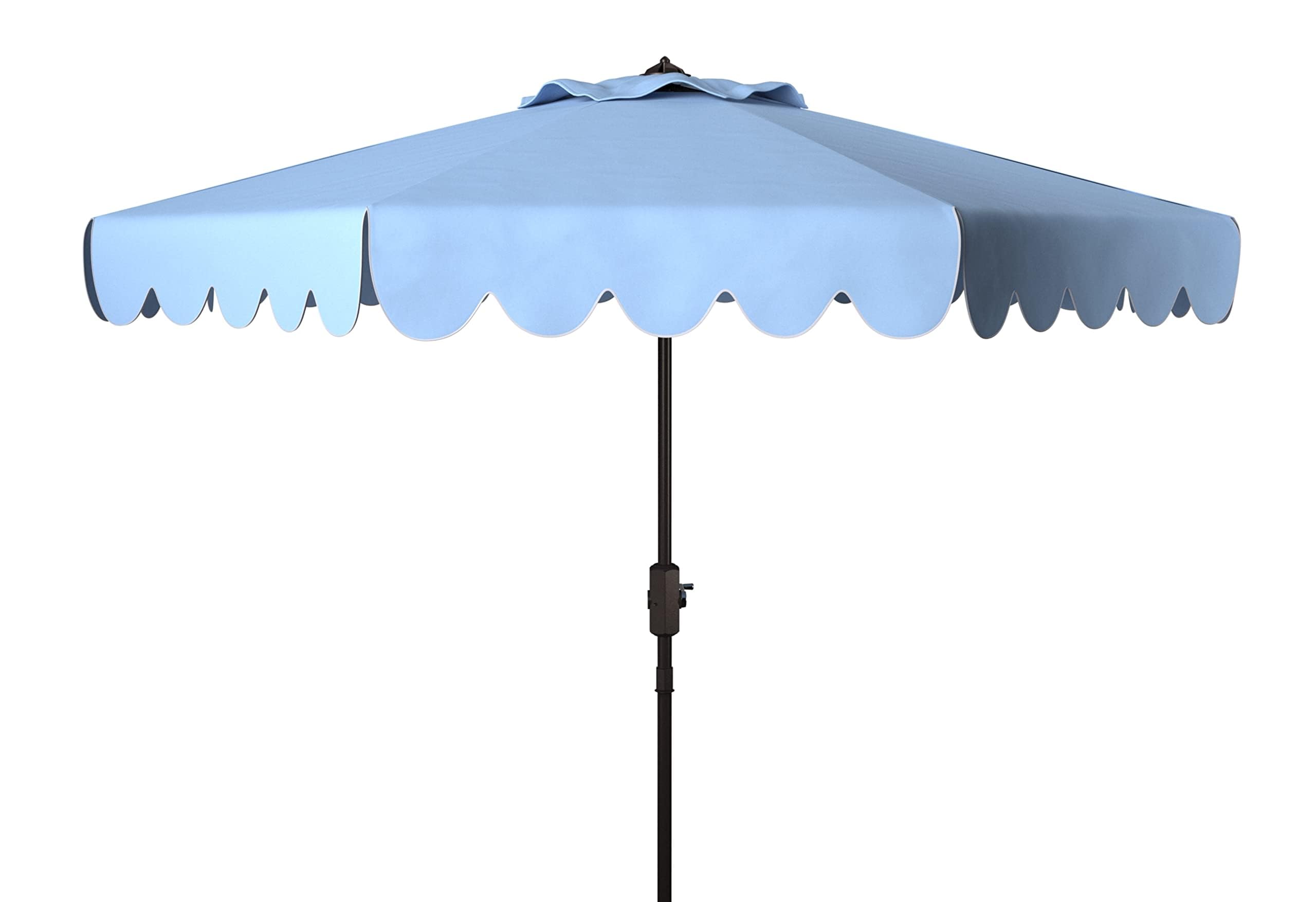 SAFAVIEH PAT8010A Collection Venice Navy and White Single Scallop 9Ft Crank Outdoor Push Button Tilt Umbrella
