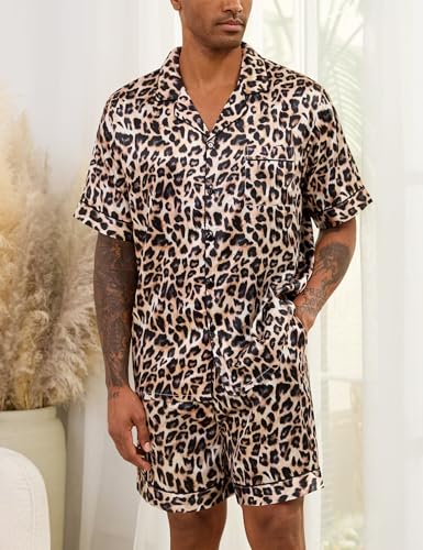 Image of SWOMOG Men Satin Silk Pajamas Sets Short Sleeve Sleepwear Button-Down PJs Sets Two-Pieces Loungewear with Pockets