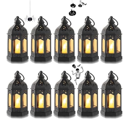 Romadedi Mini Lanterne LED Exterieur - Lot de 10 Lanterne Bougie Noir Decorative Bougeoir pour Halloween, Ramadan, Mariage, Noel, Decoration de Table, Piles...