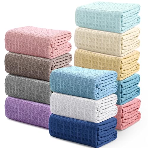 Buryeah 12 Pcs Waffle Weave Cotton Bath Towels 28 x 55 Inch Soft Colorful Bath Towels Bulks Towel Set Oversized Bath Towel Bathroom Shower Towels Absorbent Towels for Bathroom Pool Beach Spa 12 Colors