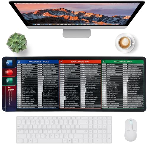 Oaioya Grand Tapis de Souris Bureau Raccourcis Word/Excel/PPT 80x30cm, Mémo Shortcut et Étirements - Toile Imperméable, Base Caoutchouc Antidérapant, Mat Clavier pour Accessoire Bureau - XXL