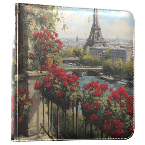 Álbum de fotos ALAZA Paris con vista de la Torre Eiffel y rosas rojas, tapa de cuero PU, encuadernación de 3 anillas, para bodas, viajes y recuerdos familiares miniatura 1