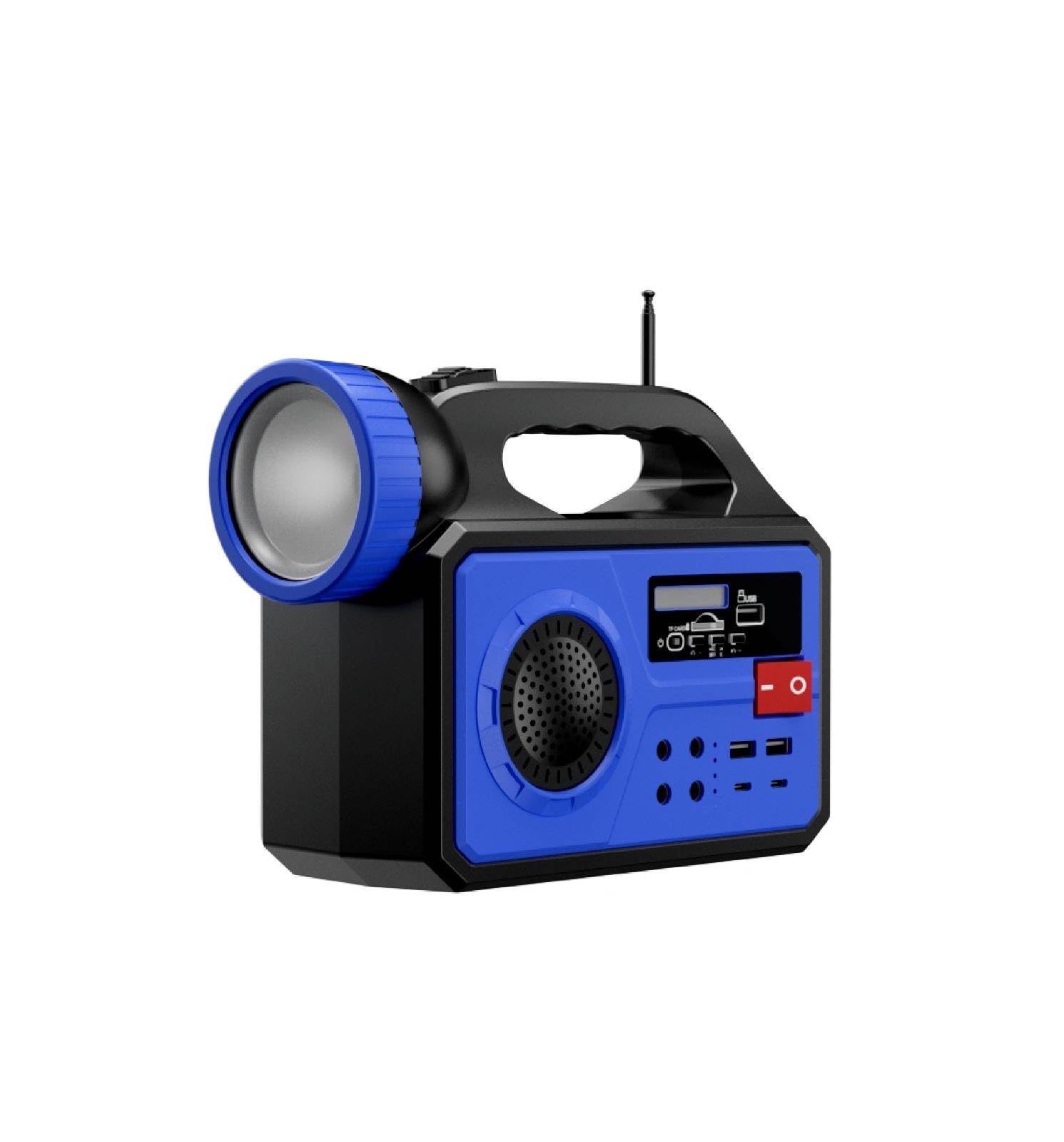 Sistema de Iluminación Solar Portátil con Panel 12W, Linterna LED, 3 Bombillas Externas, Radio FM, Bluetooth, Power Bank 25000mAh, Dimensiones 214x85x163mm