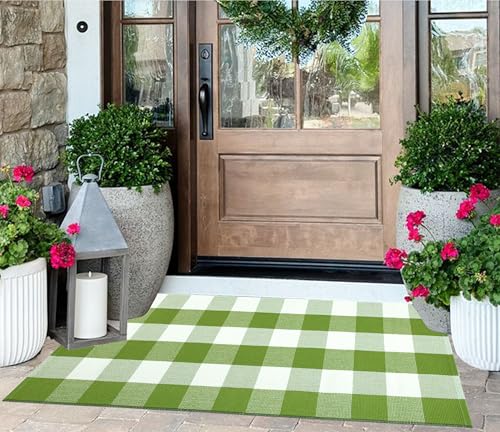 Green and White Front Porch Rug 2X4.3Buffalo Plaid Checked Outdoor Rug Cotton Woven Washable Layering Door Mat for Welcome Mat Entryway Bedroom Living Room