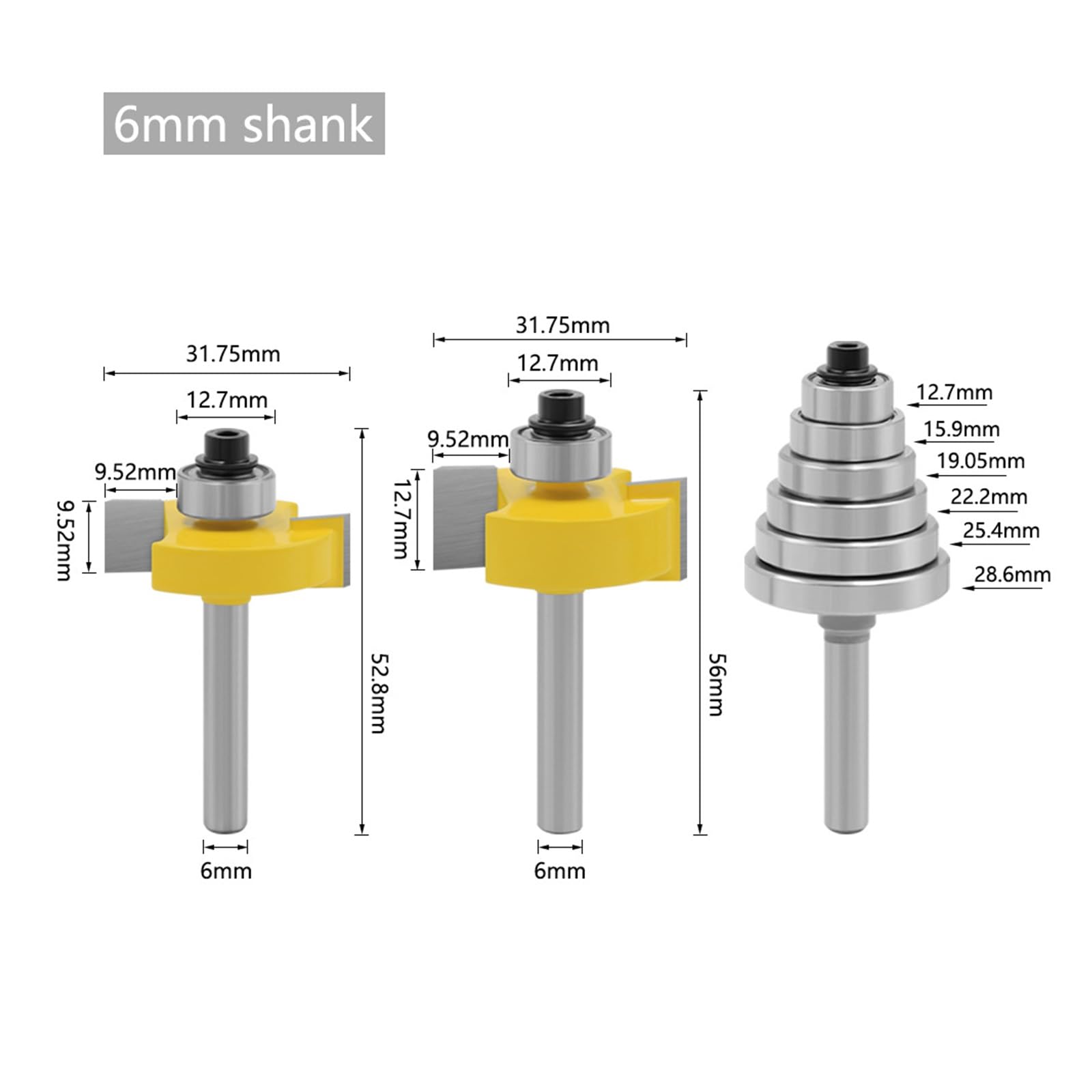 3 szt. 6mm lub 1/4 "Shank Rabbet frez z 6 zestawami łożysk regulowany czop frez węglik spiekany bity do obróbki drewna(6mm)