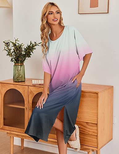 Image of Ekouaer Women's Nightgown Short Sleeve Sleepshirt Long Loungewear Casual Maxi Lounge Dress House Dresses with Pockets