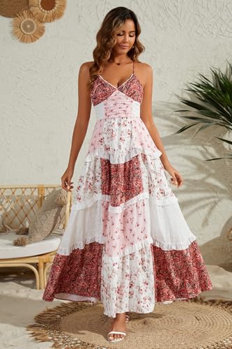 Image of Women Floral Maxi Dress Spaghetti Straps V Neck Lace Patchwork Flowy Tiered Boho Beach Sundress Long Dresses