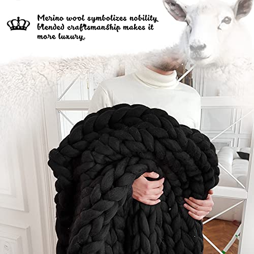 Ganlinia Chunky Knit Blanket Merino Wool Blend Giant Yarn Soft Cable Knitted Throw Handmade Home Decorate, Black, 60"X80" #TOP1
