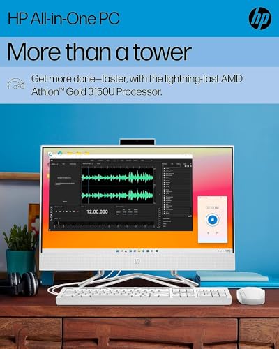 Image of HP All-in-One 22 inch Desktop Computer, AMD Athlon Gold 3150U Processor, AMD Radeon Graphics, 4 GB RAM, 256 GB SSD, Windows 11 Home ( 22-df0222, snow white)