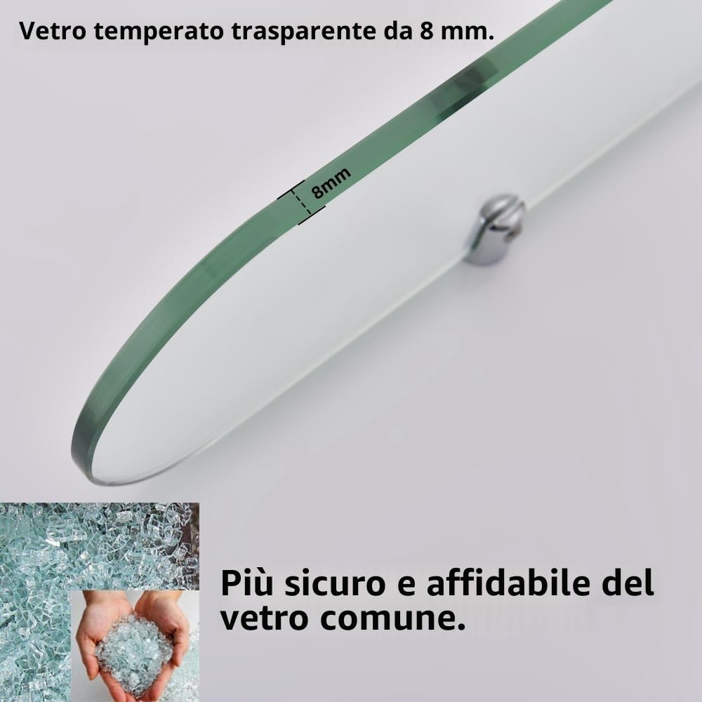 Mensola da Bagno in Vetro Temperato 8mm, 50x12cm Bordo Ovale Curvo, Staffe in Ottone Cromato