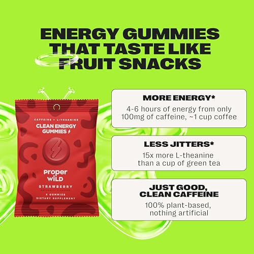 Image of Proper Wild Clean Energy Gummies and Chews for Focus, Strawberry, 10-Pack | Reduced Jitters, 100mg Natural Caffeine Gummies with L-Theanine, Plant-Based, No Artificial Sweeteners, Reduced Crash