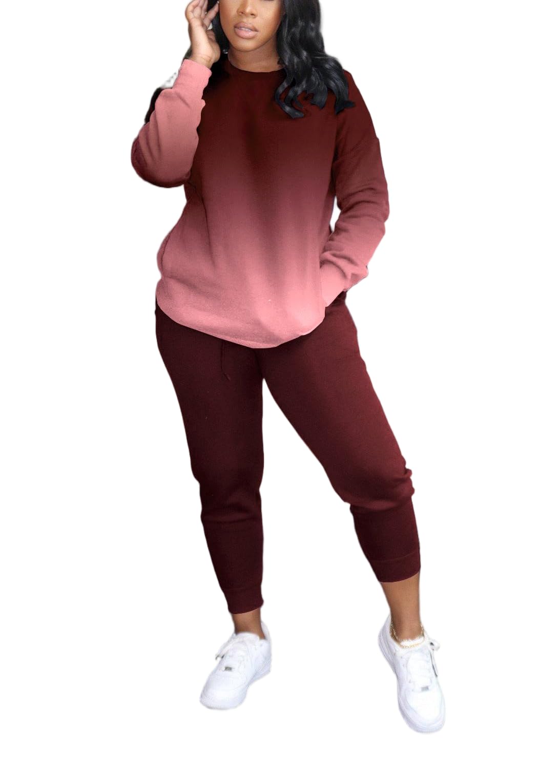 HBQ Two Piece Outfits For Women Casual Long Sleeve Sweatsuits Jogger Tracksuits Lounge Sets With Pockets-Wind Red Gradient-XXL