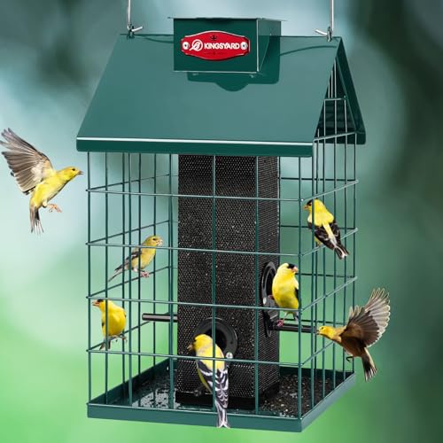 Kingsyard Squirrel Proof Caged Bird Feeder for Outdoor Hanging - Weatherproof Metal Mesh Tube Finch Bird Feeder with 4 Ports for Nyjer/Thistle Seed, Small Birds Goldfinches, Chickadees, Green