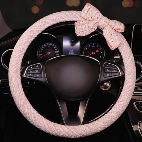 15 Inches Universal Round Car Steering Wheel Cover, Cute Bow Soft Breathable Non-Slip Steering Wheel Protector Wrap for Women (Pink)