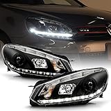 ACANII - For [Halogen Model] 2010-2014 Volkswagen Golf GTi DRL LED Strip Black Housing Projector Headlights Headlamps