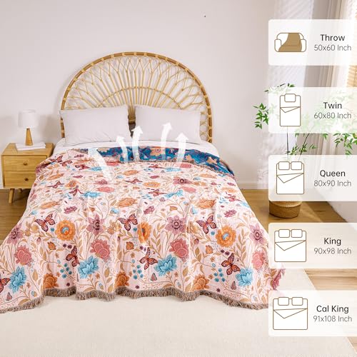Image of VANJOROY Boho Throw Blanket, 100% Organic Cotton Breathable Ultra Soft 80 inch x 90 inch Bed Quilt Throw - All Season Floral Rustic Farmhouse Decor Luxury Reversible Blanket for Sofa Couch Chair and Gift