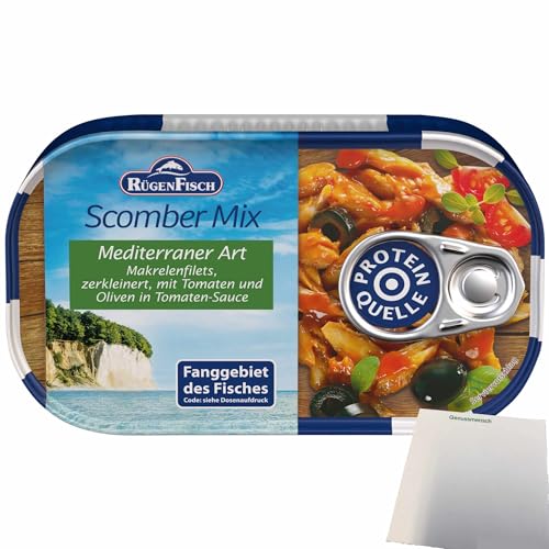 Rügenfisch Scomber-Mix Mediterraner Art, Makrelenfilets zerkleinert mit Tomaten und Oliven in Tomatensauce (120g Dose) + usy Block
