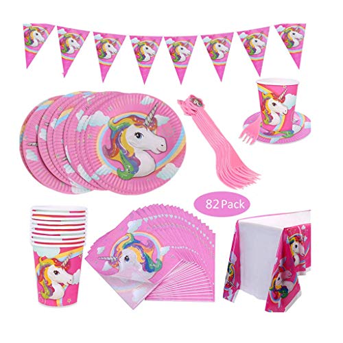 Amycute 82 Pezzi Unicorno Piatti, Tovaglioli, Tovaglia, Bicchieri, Banner - Serve 20 Ospiti, Stoviglie di Unicorno, Unicorno per Festa di Compleanno per Bambini Baby Shower (82 Pezzi)