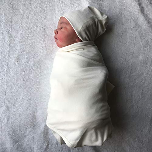 Image of Ely's & Co. Cotton Knit Jersey Swaddle Blanket and 2 Beanie Baby Hats Gift Set, Large Receiving Blanket (Ivory)