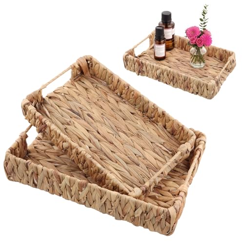 Focenat Pack 2 Bandeja de Ratán Natural,Bandejas De Mimbre Tejidas A Mano,Bandeja de Cesta Tejida Decorativa,Bandeja De Servicio Tejida De Ratán,Bandeja de Almacenamiento,para Bebida,Desayuno,té,Vela