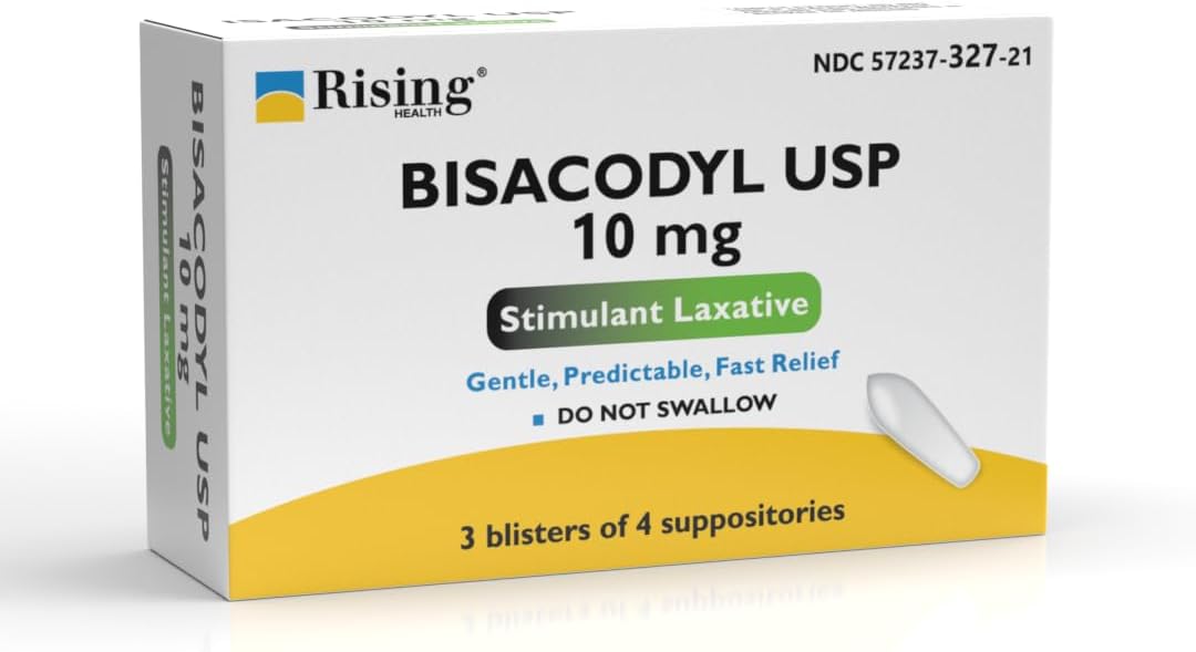Rising Health - Fast Relief Medicated Laxative Suppositories - Rectal Use Only, Bisacodyl 10 mg - Stimulant Laxative - Constipation Relief - Works in 15 Minutes to 1 Hour (12 Count, 12, Count)