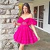Tiered Tulle Homecoming Dresses Off Shoulder Short Prom Dresses Puffy Sleeve Formal Party Gowns Watermelon Red Size 6 #5