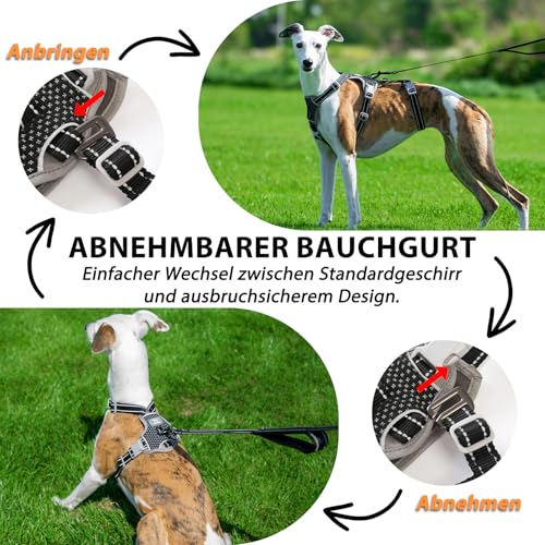 Huntboo Sicherheitsgeschirr Hund Ausbruchsicher, Panikgeschirr für Hunde, Anti Zug Hundegeschirr, Reflektierend, Verstellbare, Leichte Weste für kleine, mittelgroße und große Haustiere (Schwarz,L)