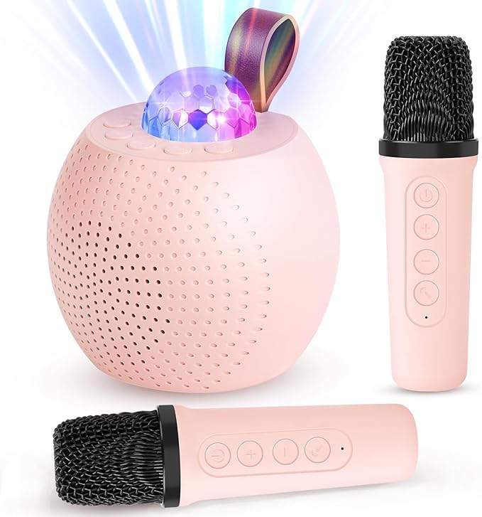 Image of DIPDEY Colorful Bluetooth Speaker with Karaoke Mic System for Home Singing Magic Ai Voice Changer Portable Mini Wireless Speaker with Mike for House Parties Birthday Gifts Events (Pink)