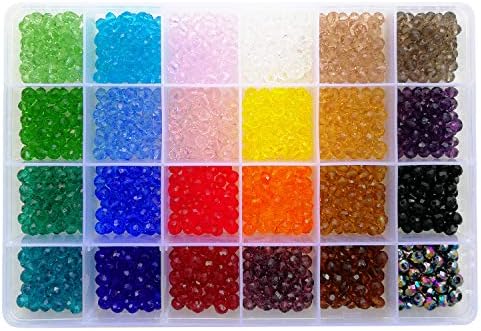 6mm Briolette Glass Beads Faceted Rondelle Crystal Beads, DIY Craft Beads for Bracelet Assorted 24 Colors with Container Box (Total 1200pcs)