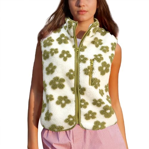 Womens Floral Print Fleece Vest Fall Winter Sherpa Sleeveless Jacket Lightweight Zip Up Cropped Gilet with Pocket