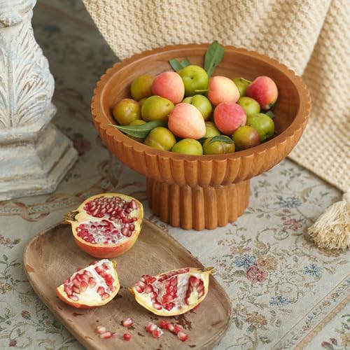 ChagoArt Wooden Fruit Bowl for Kitchen Counter- Large Decorative Bowl for Home Decor Entry Table-Ruffle Fluted Bowl-Scallopedl-Organic Modern Home Decor-Pedestal Footed (Wood Brown) - Image 8
