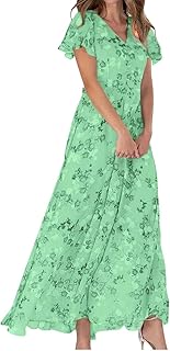 Maxi Dresses for Women 2025 Short Sleeve V Neck Floral Print Chiffon Sundress Spring Summer Casual Prom Beach Clothes - Buy now