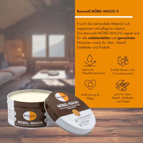 Renuwell Möbel-Wachs natura-farblos, 500 ml – Hochwertige Möbelpflege mit natürlichem Bienenwachs -Anteil, Antik Wachs schützt alle Holzarten vor Feuchtigkeit & Schmutz
