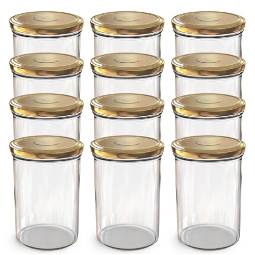 Oputec Lot de 24 bocaux de 440 ml avec couvercles à visser dorés TO 82 - Parfaits pour les confitures, les confitures et plus encore - Grands bocaux avec couvercle - Idéal comme pots à confiture et