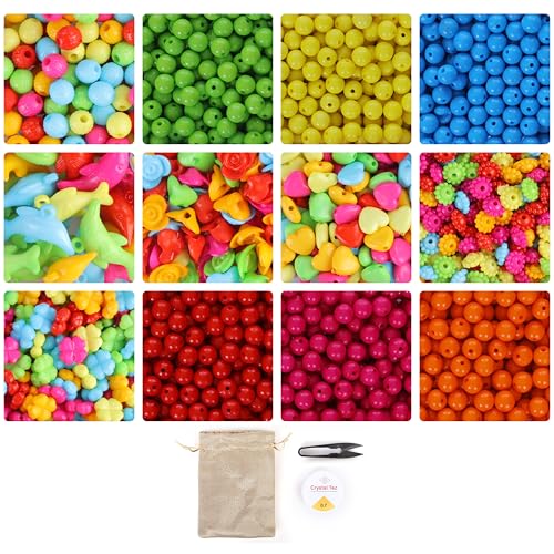 Image of Ambitieux Bracelet Making Craft Kit 12 Types Of Colorful 900+ Pcs Of Plastic Beads With Elastic, Jute Bag And Thread Cutter - Perfect For Crafting (Colorfull With 8 Mm, Multicolor)