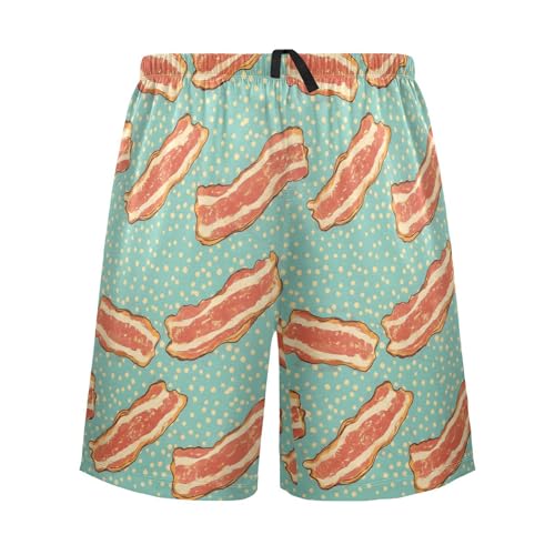 Mens Sleep Shorts Cartoon Bacons Print, Elastic Pajama Pants Sleepwear with Pockets S